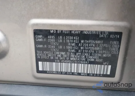 2014 Subaru Outback 3.6R Limited from USA, damaged, VIN 4S4BRDLC1E2286847